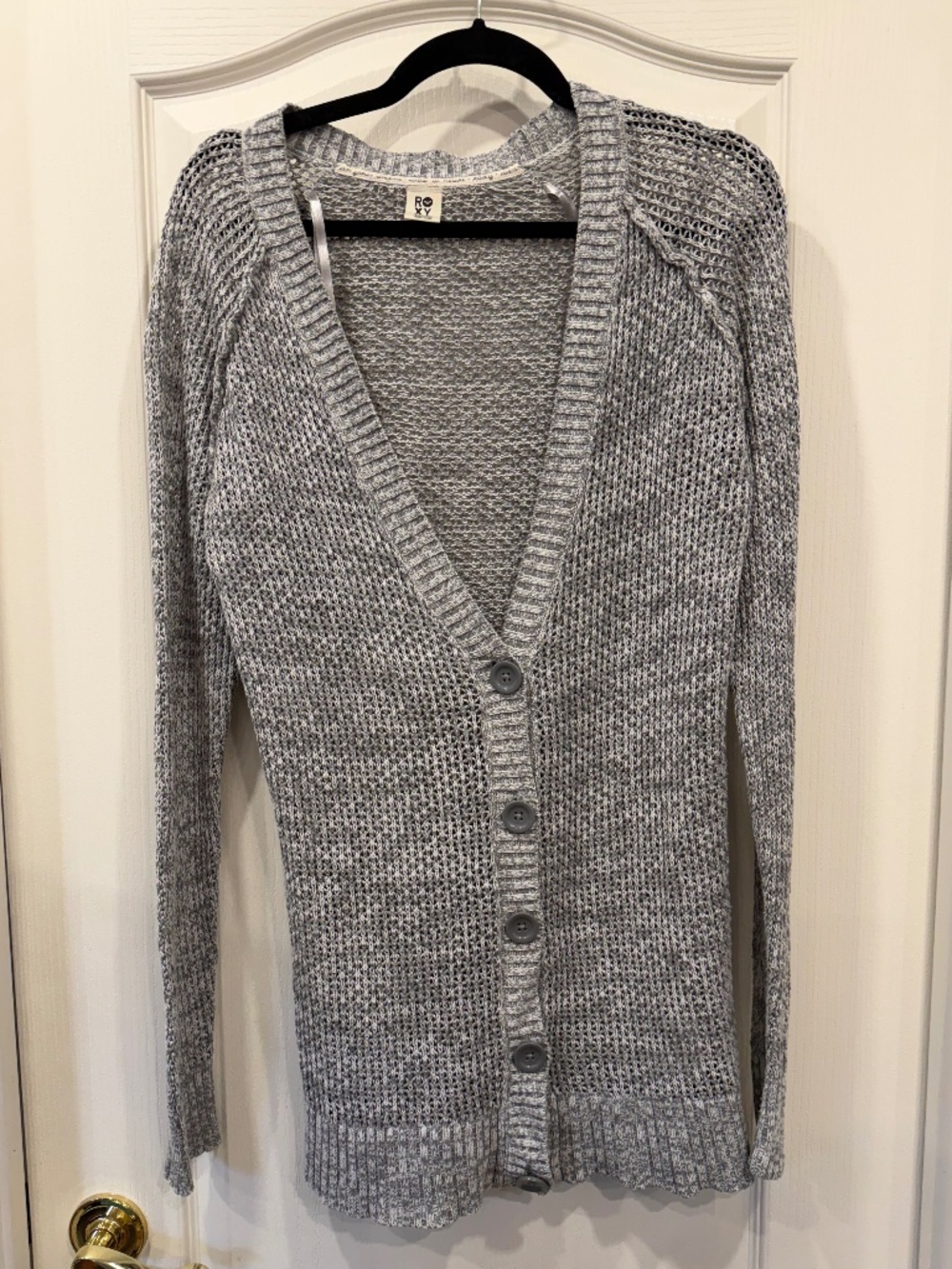 Roxy Grey Open Knit Cardigan XL Slim Fit Button Front V Neck Long Sleeve Sweater